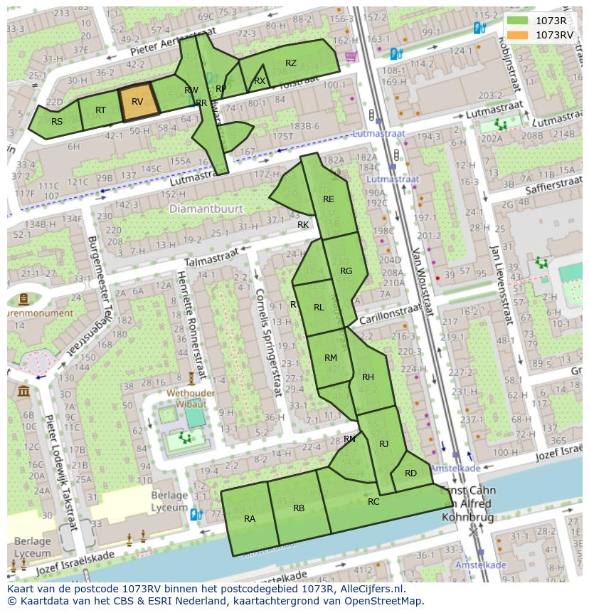 Afbeelding van het postcodegebied 1073 RV op de kaart.