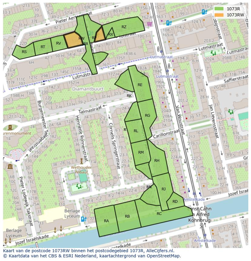 Afbeelding van het postcodegebied 1073 RW op de kaart.