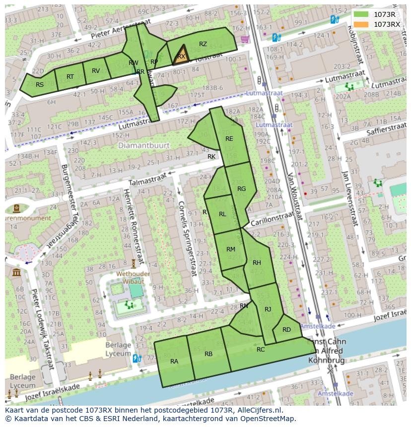 Afbeelding van het postcodegebied 1073 RX op de kaart.
