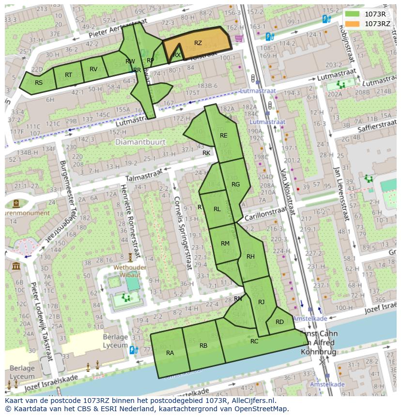 Afbeelding van het postcodegebied 1073 RZ op de kaart.