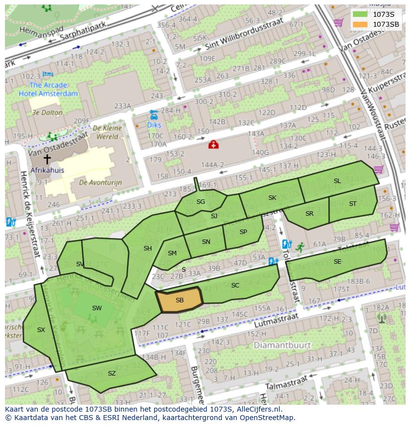 Afbeelding van het postcodegebied 1073 SB op de kaart.