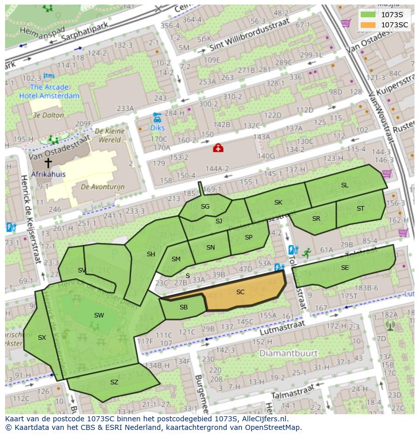 Afbeelding van het postcodegebied 1073 SC op de kaart.