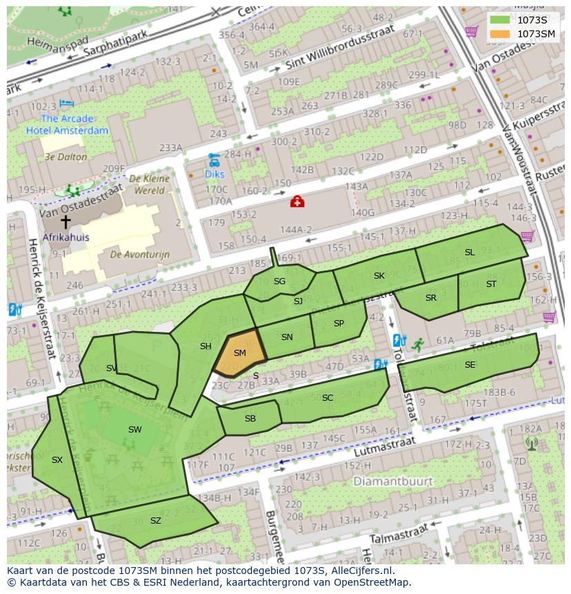 Afbeelding van het postcodegebied 1073 SM op de kaart.