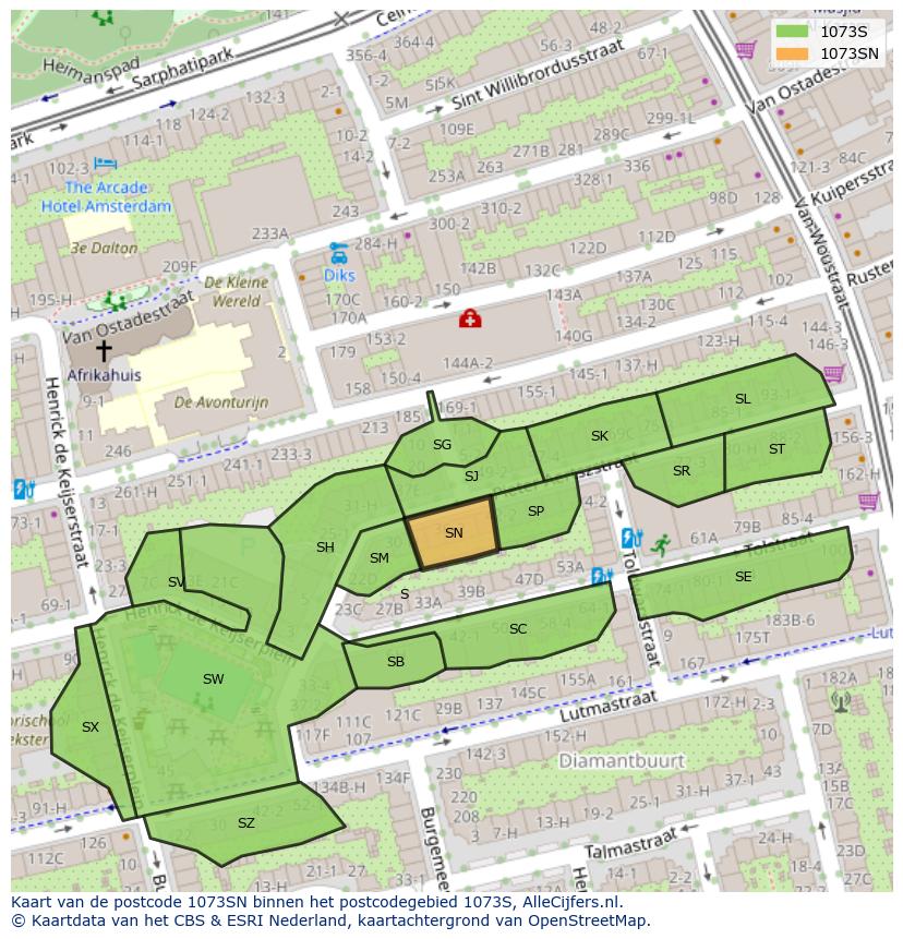 Afbeelding van het postcodegebied 1073 SN op de kaart.