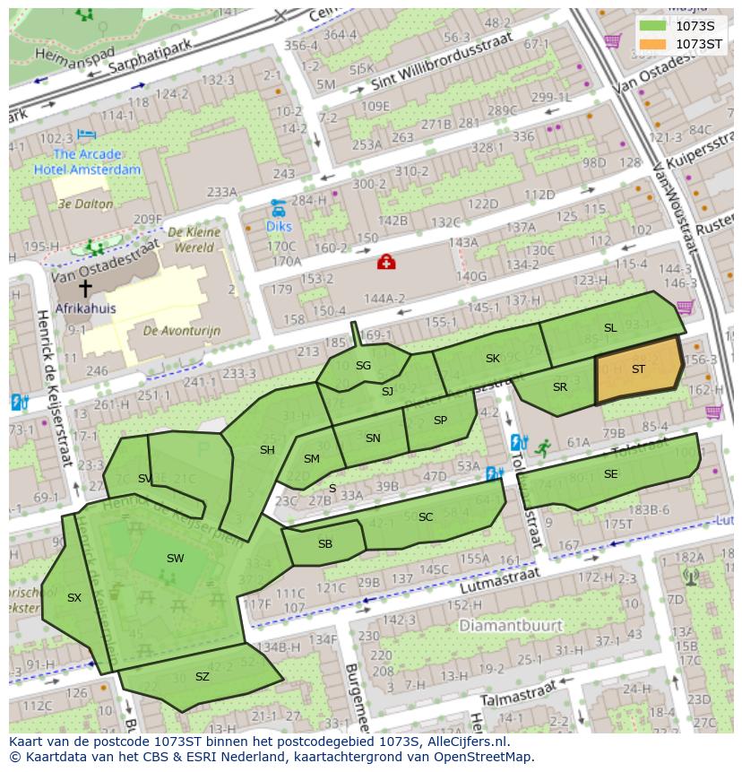 Afbeelding van het postcodegebied 1073 ST op de kaart.