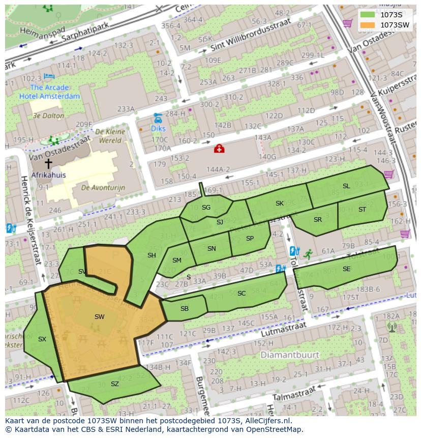 Afbeelding van het postcodegebied 1073 SW op de kaart.