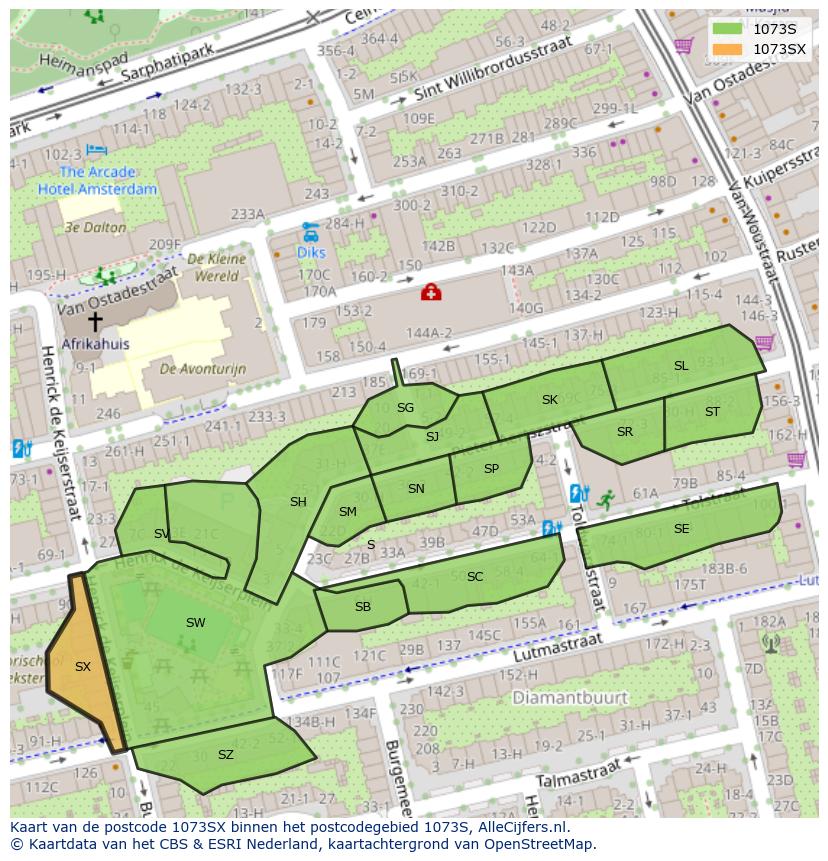 Afbeelding van het postcodegebied 1073 SX op de kaart.