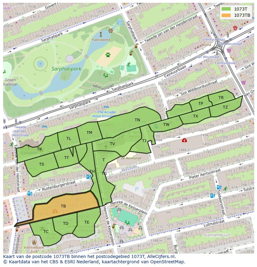 Afbeelding van het postcodegebied 1073 TB op de kaart.