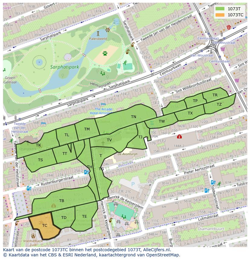 Afbeelding van het postcodegebied 1073 TC op de kaart.