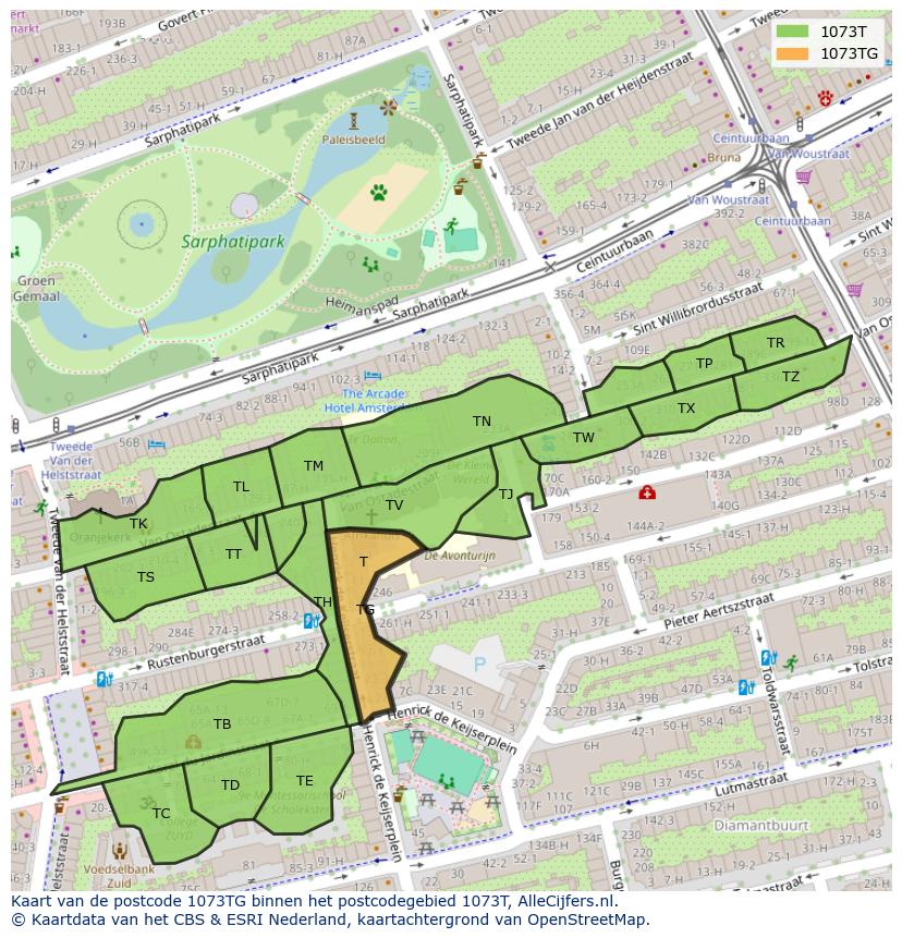 Afbeelding van het postcodegebied 1073 TG op de kaart.