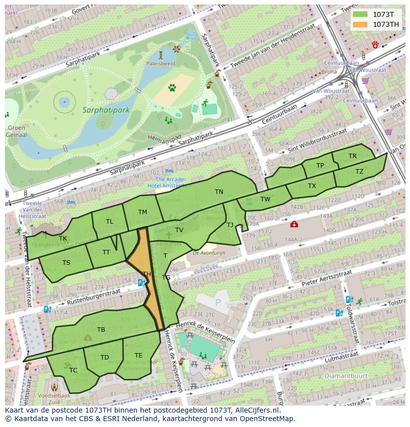 Afbeelding van het postcodegebied 1073 TH op de kaart.