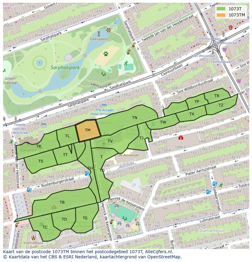 Afbeelding van het postcodegebied 1073 TM op de kaart.