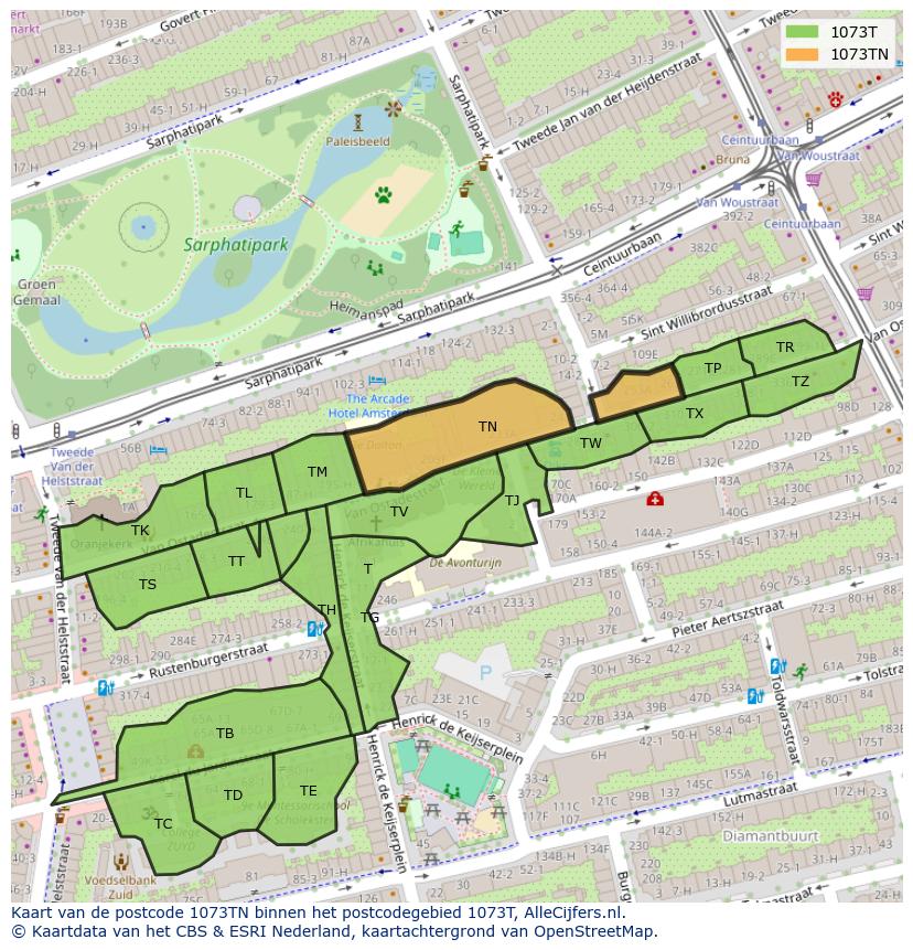 Afbeelding van het postcodegebied 1073 TN op de kaart.