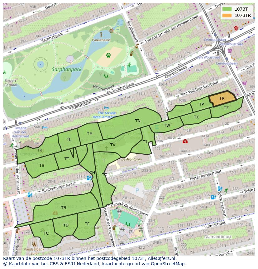 Afbeelding van het postcodegebied 1073 TR op de kaart.