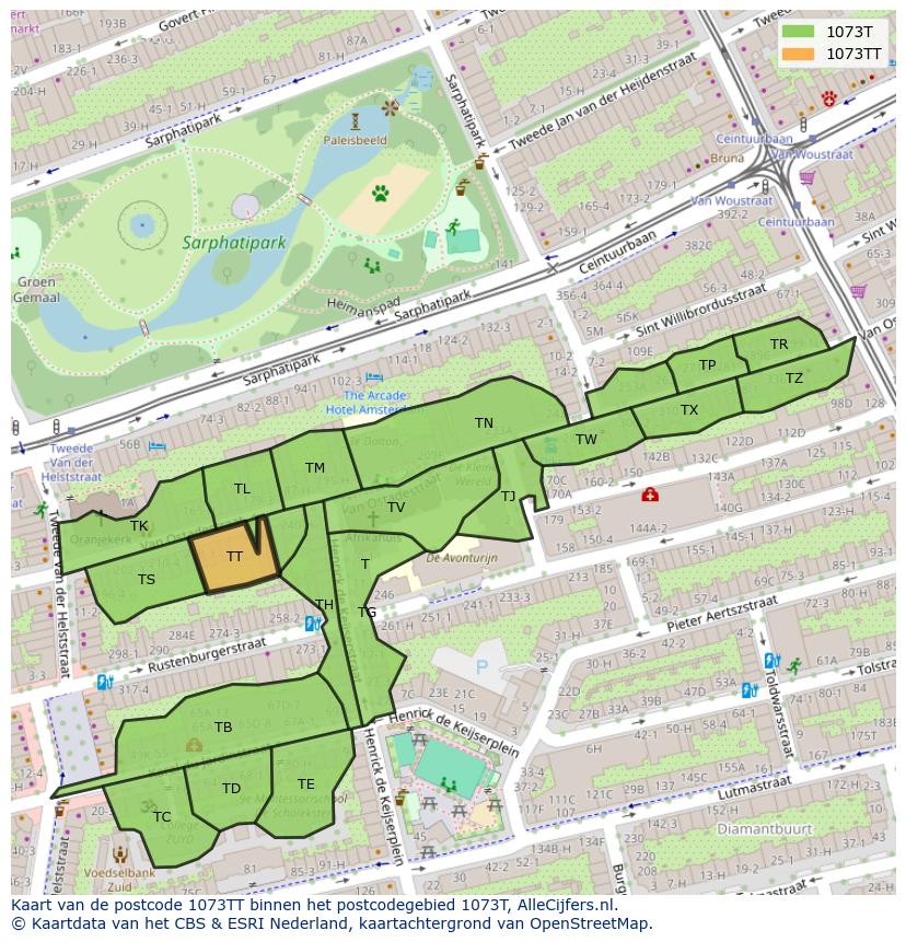 Afbeelding van het postcodegebied 1073 TT op de kaart.