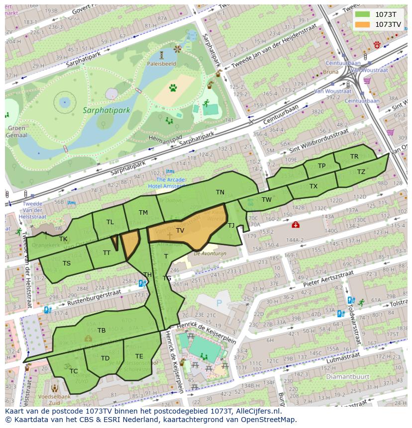 Afbeelding van het postcodegebied 1073 TV op de kaart.