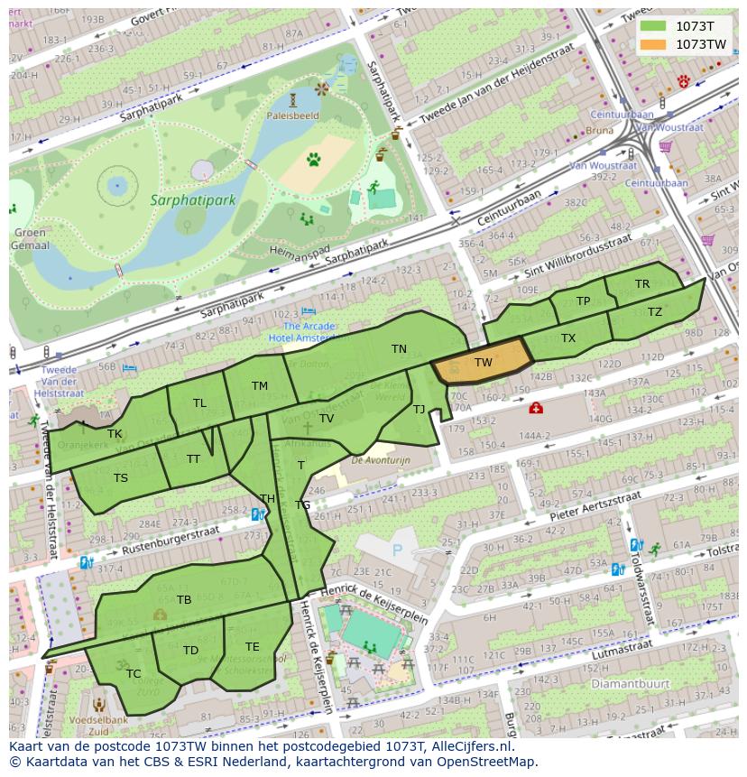 Afbeelding van het postcodegebied 1073 TW op de kaart.