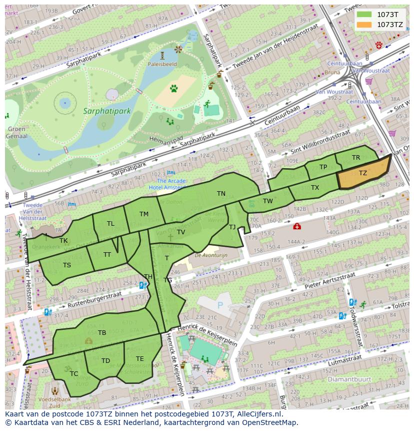 Afbeelding van het postcodegebied 1073 TZ op de kaart.