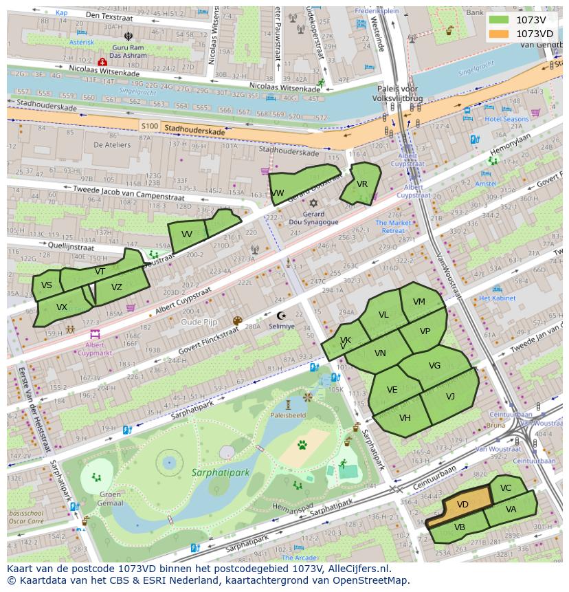Afbeelding van het postcodegebied 1073 VD op de kaart.