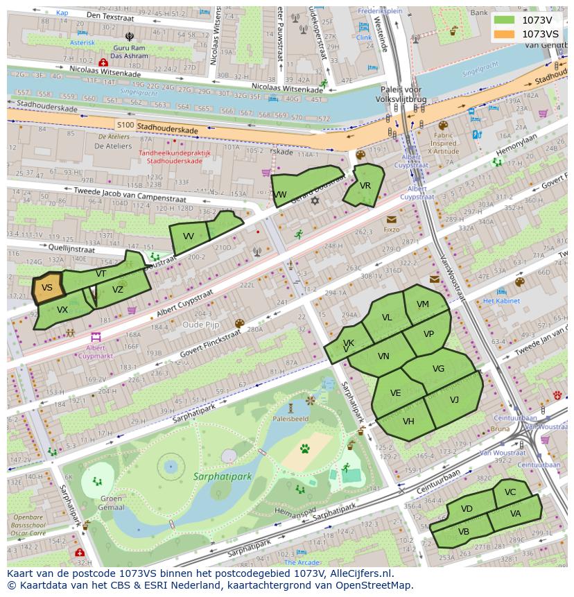 Afbeelding van het postcodegebied 1073 VS op de kaart.