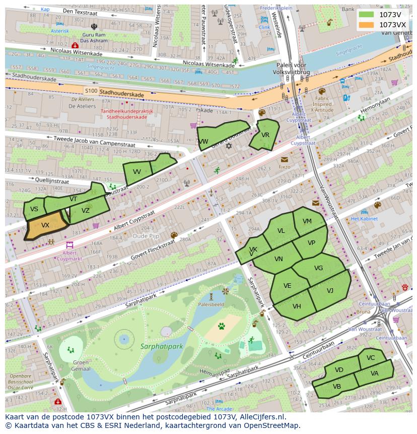 Afbeelding van het postcodegebied 1073 VX op de kaart.