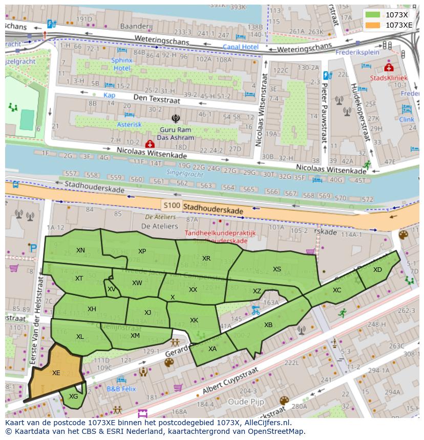 Afbeelding van het postcodegebied 1073 XE op de kaart.