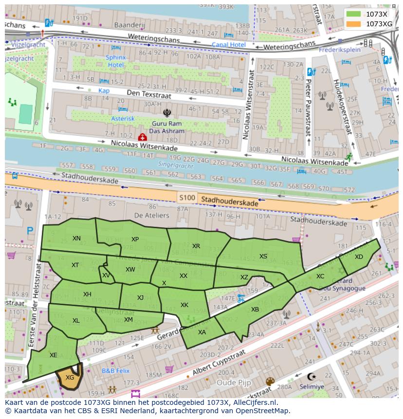 Afbeelding van het postcodegebied 1073 XG op de kaart.