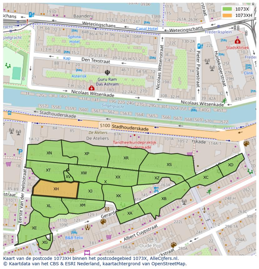 Afbeelding van het postcodegebied 1073 XH op de kaart.