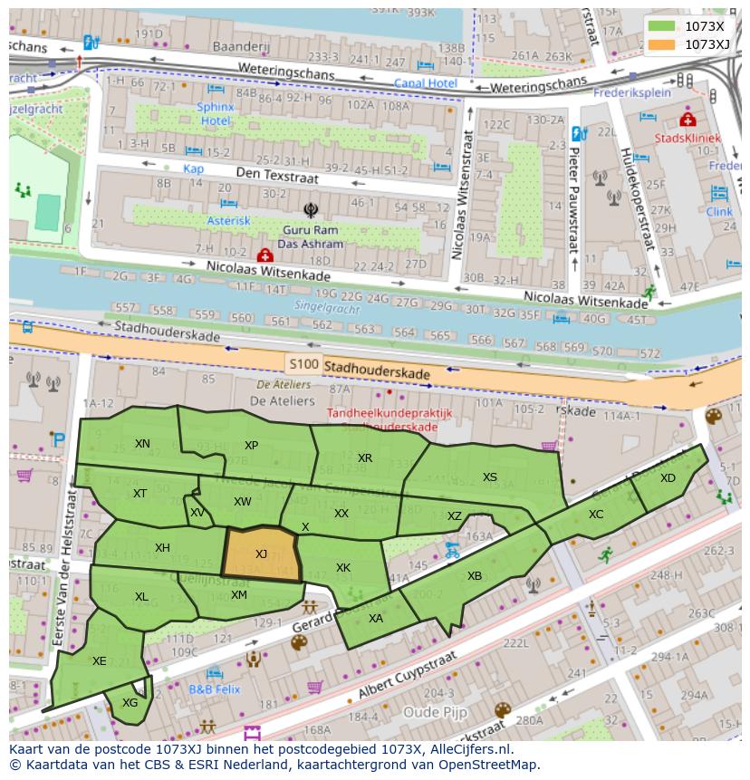 Afbeelding van het postcodegebied 1073 XJ op de kaart.