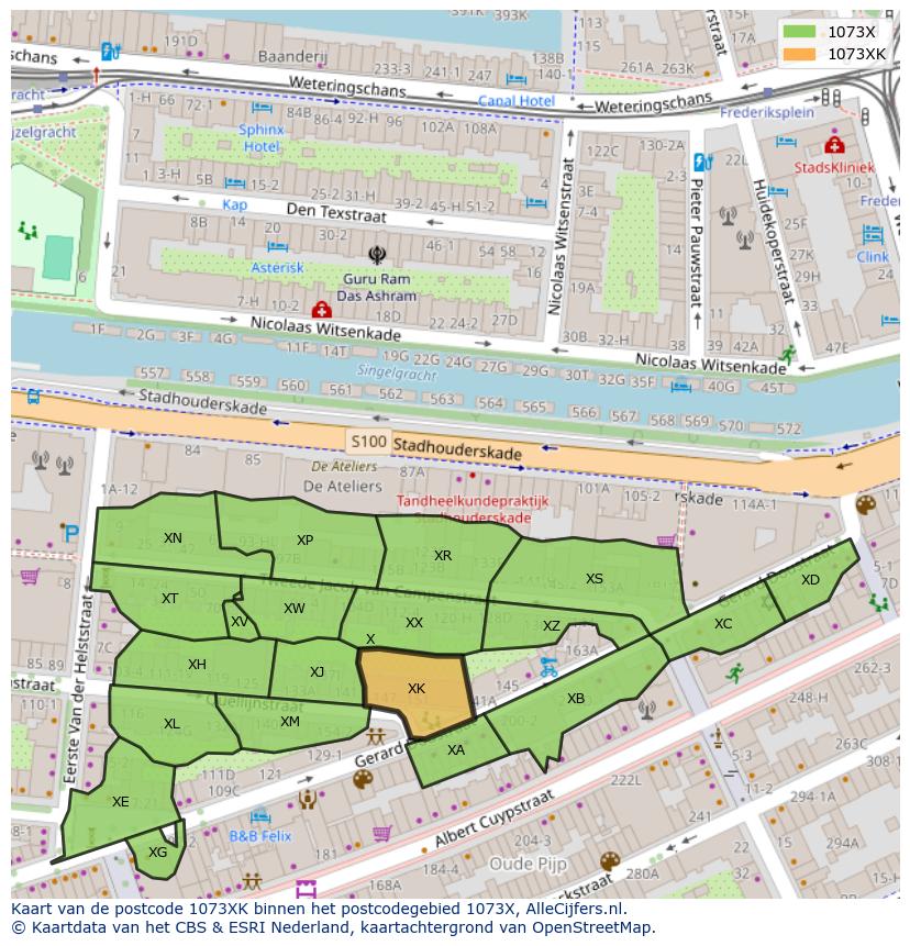 Afbeelding van het postcodegebied 1073 XK op de kaart.