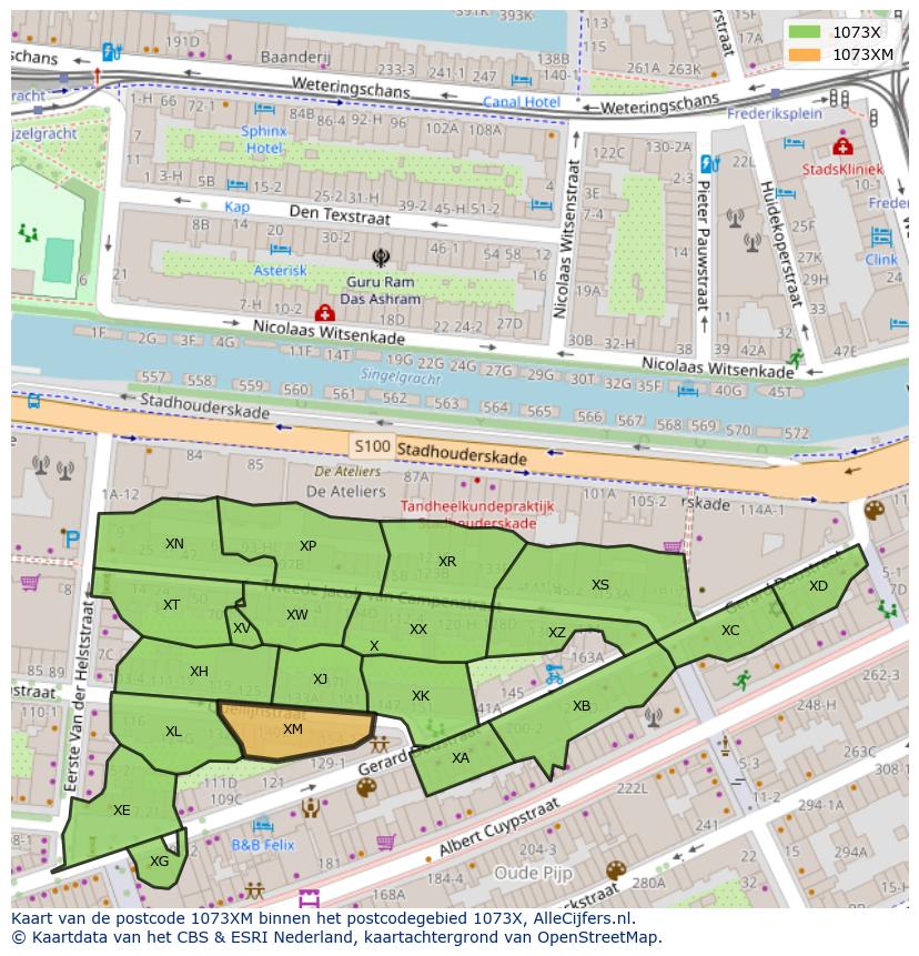 Afbeelding van het postcodegebied 1073 XM op de kaart.