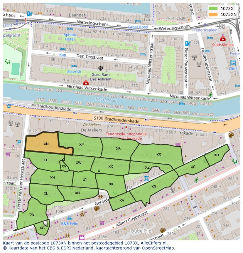 Afbeelding van het postcodegebied 1073 XN op de kaart.