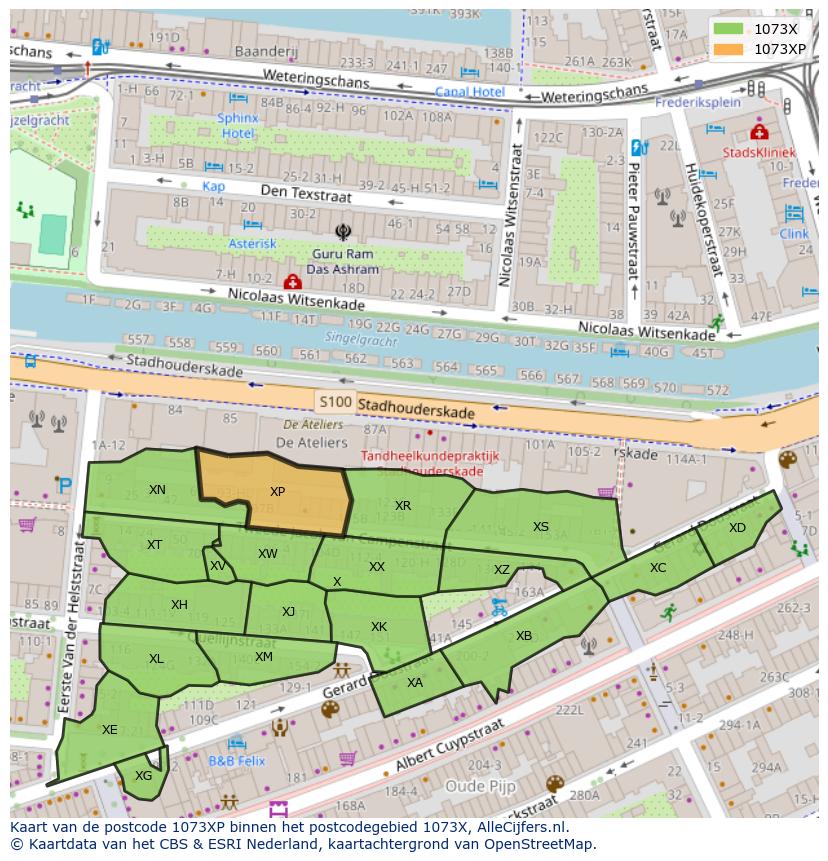 Afbeelding van het postcodegebied 1073 XP op de kaart.