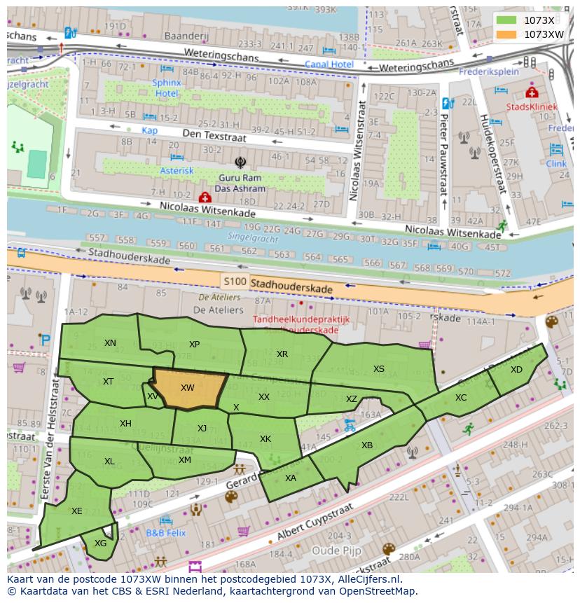 Afbeelding van het postcodegebied 1073 XW op de kaart.