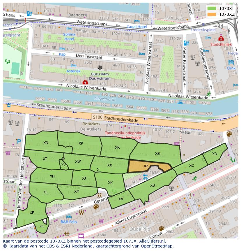 Afbeelding van het postcodegebied 1073 XZ op de kaart.