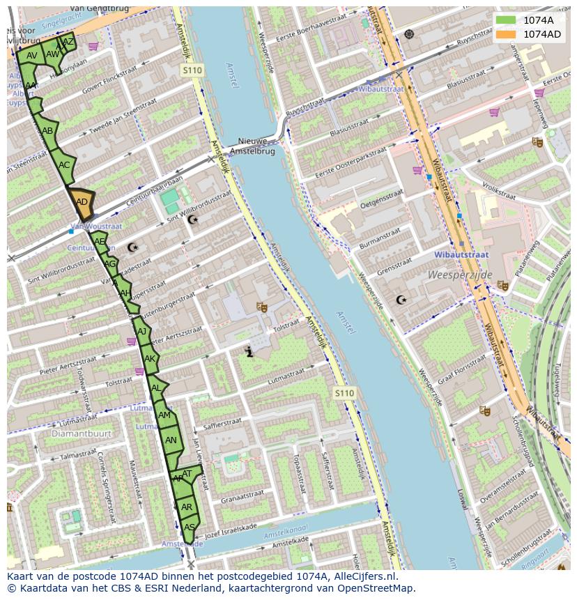 Afbeelding van het postcodegebied 1074 AD op de kaart.