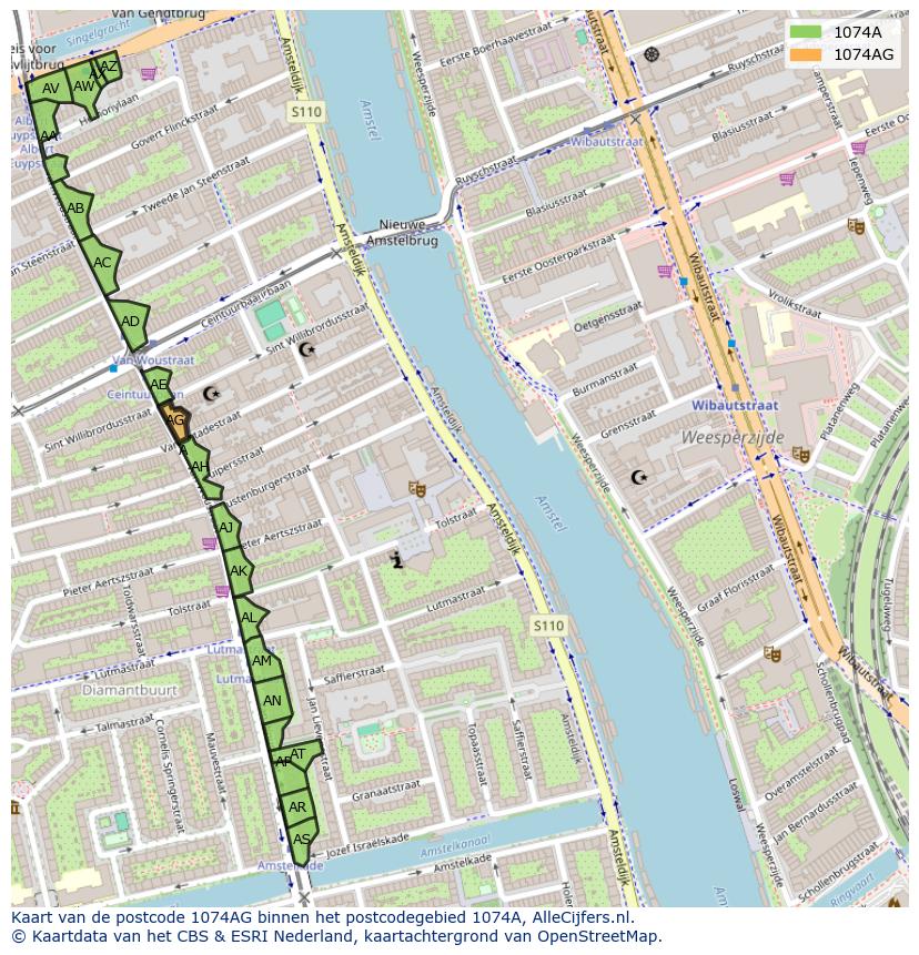 Afbeelding van het postcodegebied 1074 AG op de kaart.
