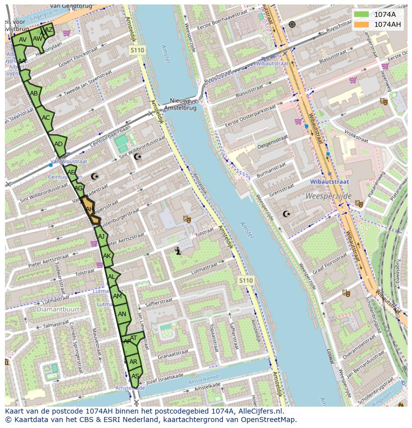 Afbeelding van het postcodegebied 1074 AH op de kaart.