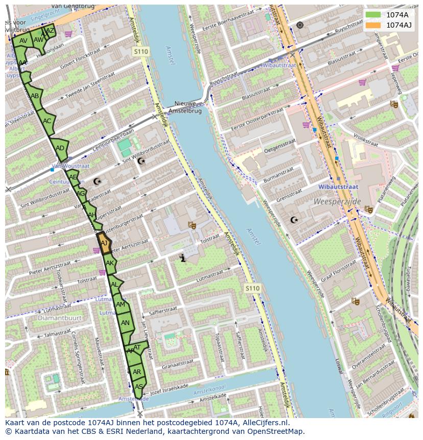 Afbeelding van het postcodegebied 1074 AJ op de kaart.