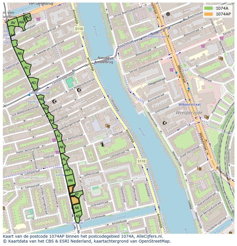 Afbeelding van het postcodegebied 1074 AP op de kaart.