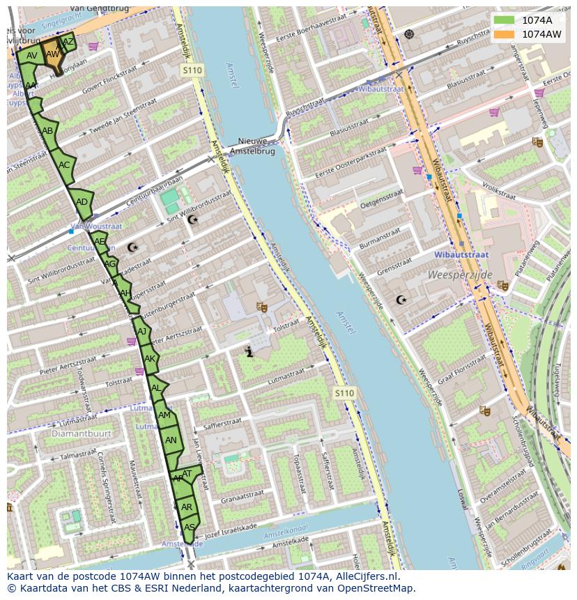 Afbeelding van het postcodegebied 1074 AW op de kaart.