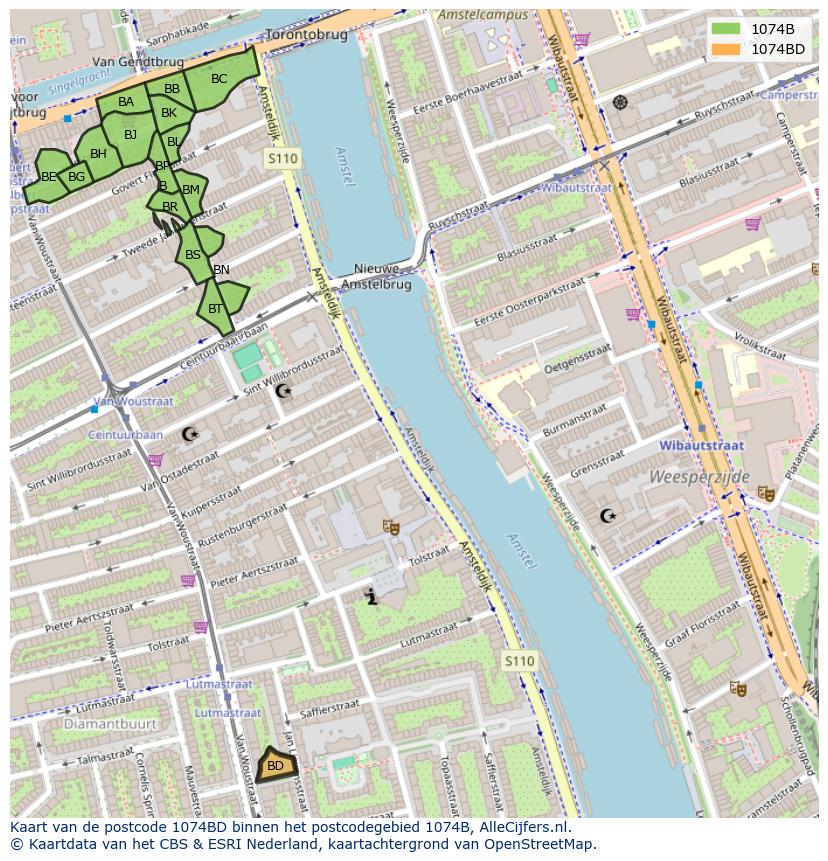 Afbeelding van het postcodegebied 1074 BD op de kaart.