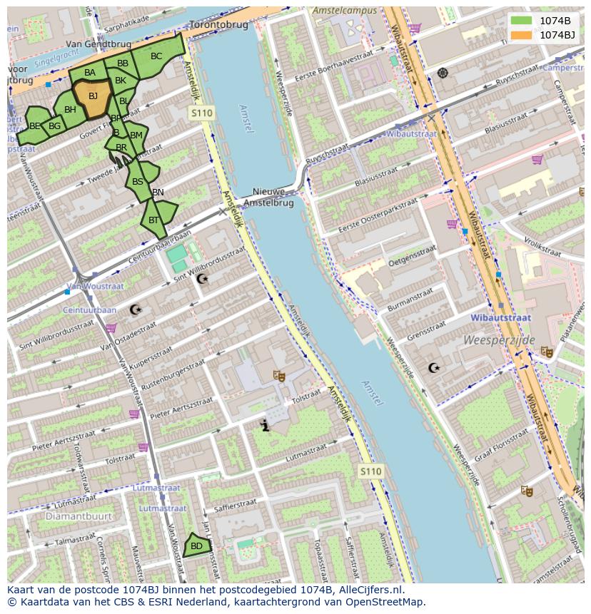 Afbeelding van het postcodegebied 1074 BJ op de kaart.