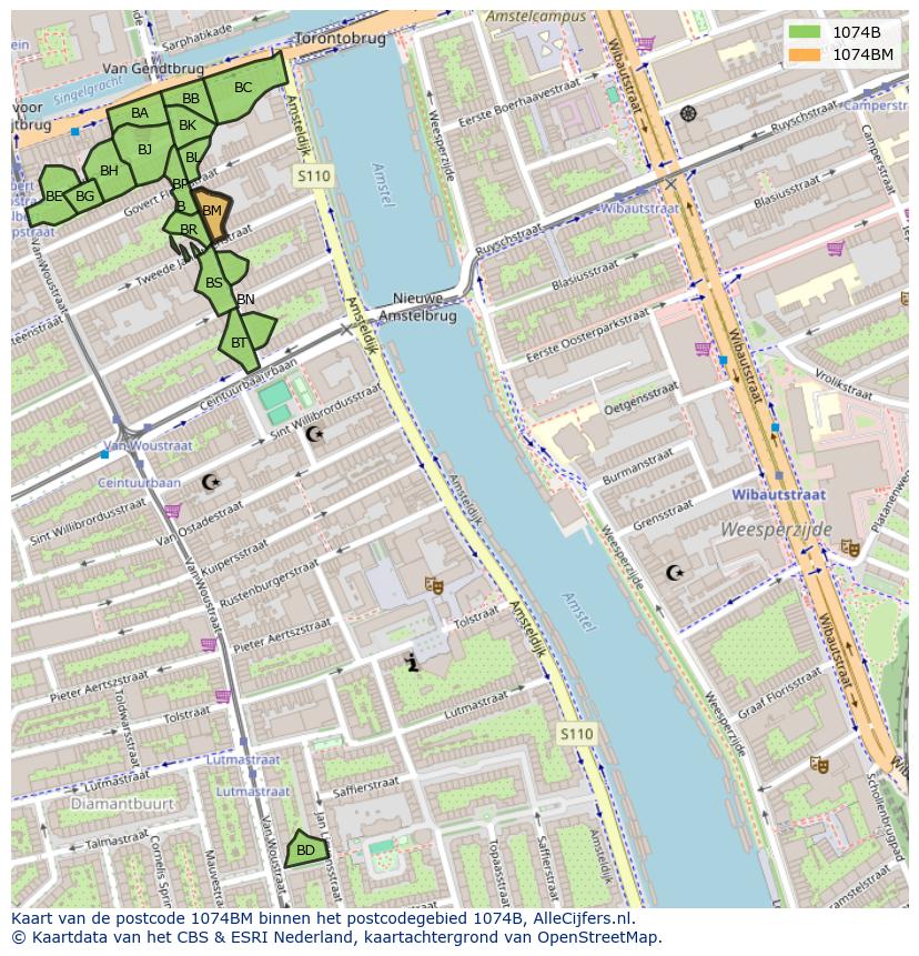 Afbeelding van het postcodegebied 1074 BM op de kaart.
