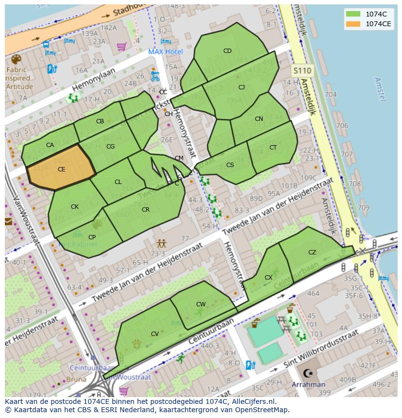 Afbeelding van het postcodegebied 1074 CE op de kaart.