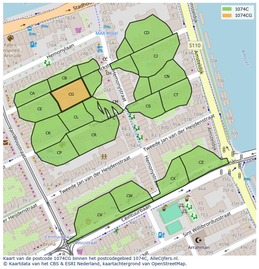Afbeelding van het postcodegebied 1074 CG op de kaart.