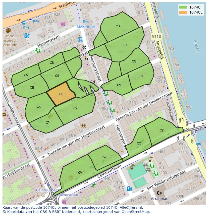 Afbeelding van het postcodegebied 1074 CL op de kaart.