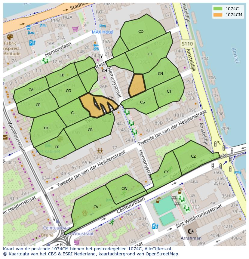 Afbeelding van het postcodegebied 1074 CM op de kaart.