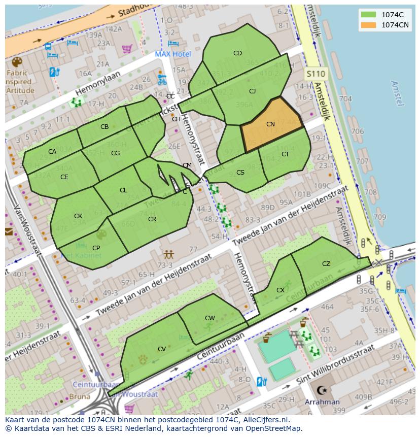 Afbeelding van het postcodegebied 1074 CN op de kaart.