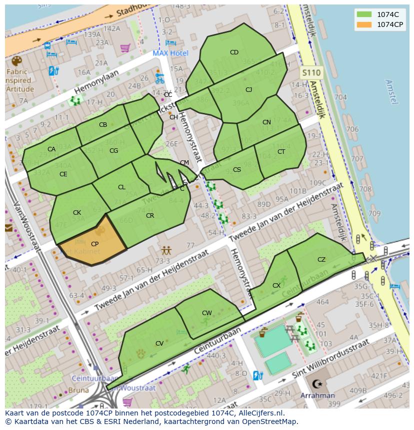 Afbeelding van het postcodegebied 1074 CP op de kaart.